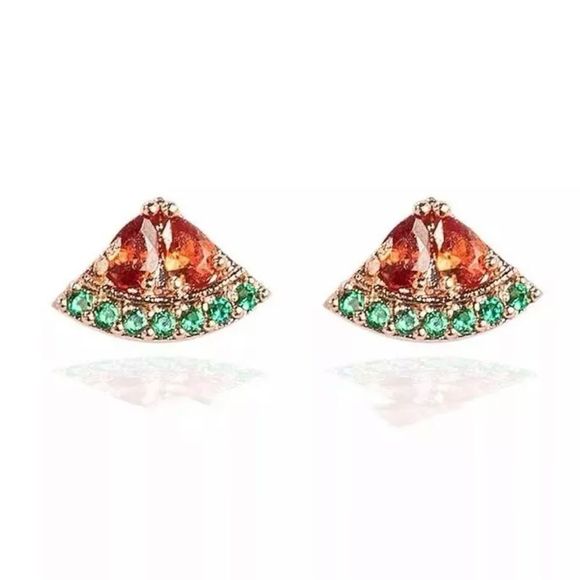 RAWLUXE Jewelry - WATERMELON 18K GOLD PLATED RED & GREEN DIAMOND CUT CRYSTALS STUD EARRINGS MICRO